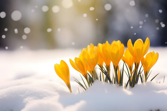 Yellow crocus spring flowers blooming between snow during late winter or early spring