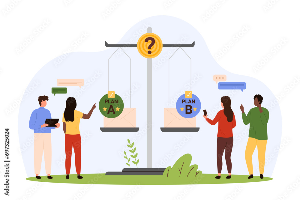 Poster process of choice between plan a and plan b. tiny people choose option or decision with help of bala