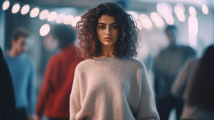 bright bar or club, annoyed or tipsy, cozy sweater, slim woman, tan skin, multiracial, 29, tired, wants to go home, disappointed, bored, anxious, shy, introverted - obrazy, fototapety, plakaty