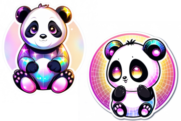 Cute cartoon panda sitting on colorful background. style of soft holographic iridescence, sticker, soft toffee colors reflective, rounded, high quality, sticker print.