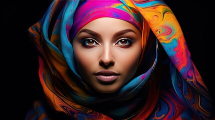 A vibrant and colorful portrait of a hijab-wearing woman, highlighting the beauty of her cultural identity with expressive strokes