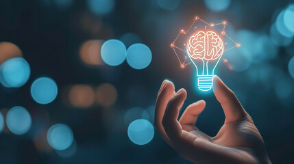 Innovative Mind Concept: Brain and Lightbulb Graphic with Bokeh Background