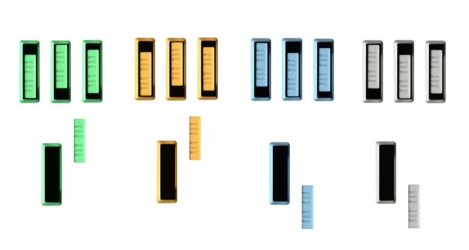 Vertical buttons switches potentiometers colored on isolated transparent background