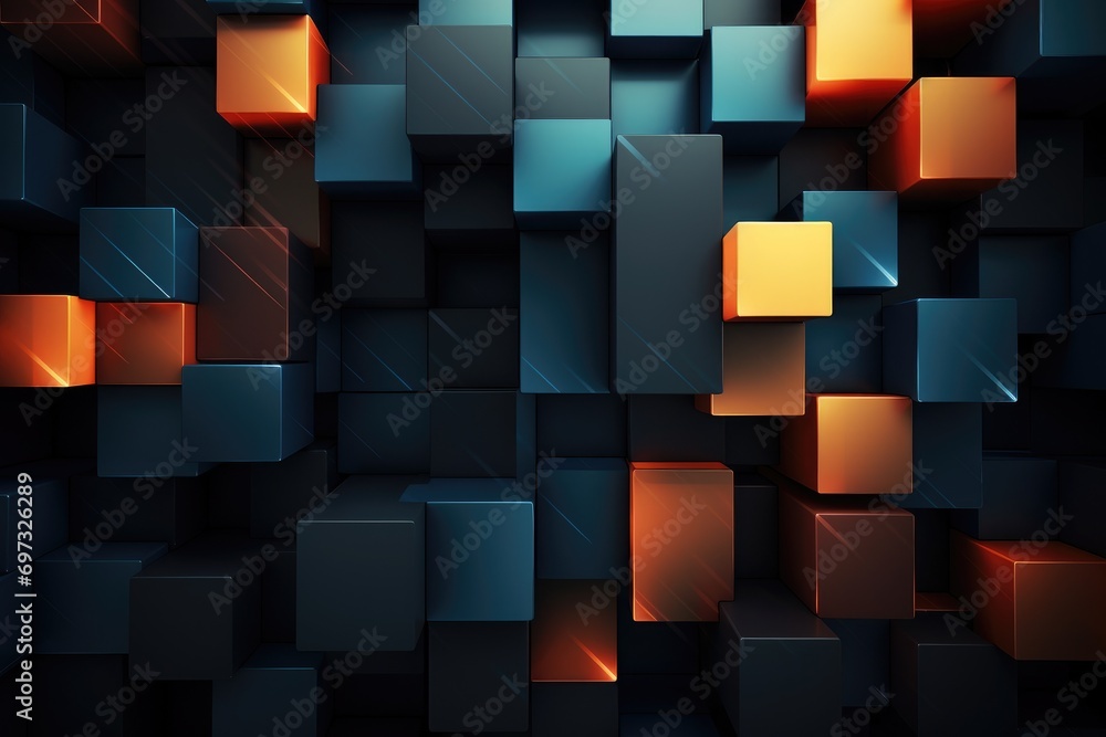 Poster 3d rendering of abstract geometric composition with cubes in black and orange, ai generated