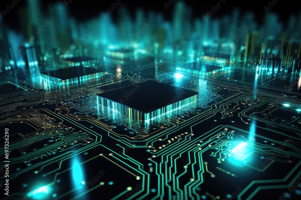 Poster circuit board with microchips and connections. 3d rendering, ai generated