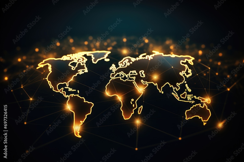 Poster digital world map on dark background. 3d rendering toned image, ai generated