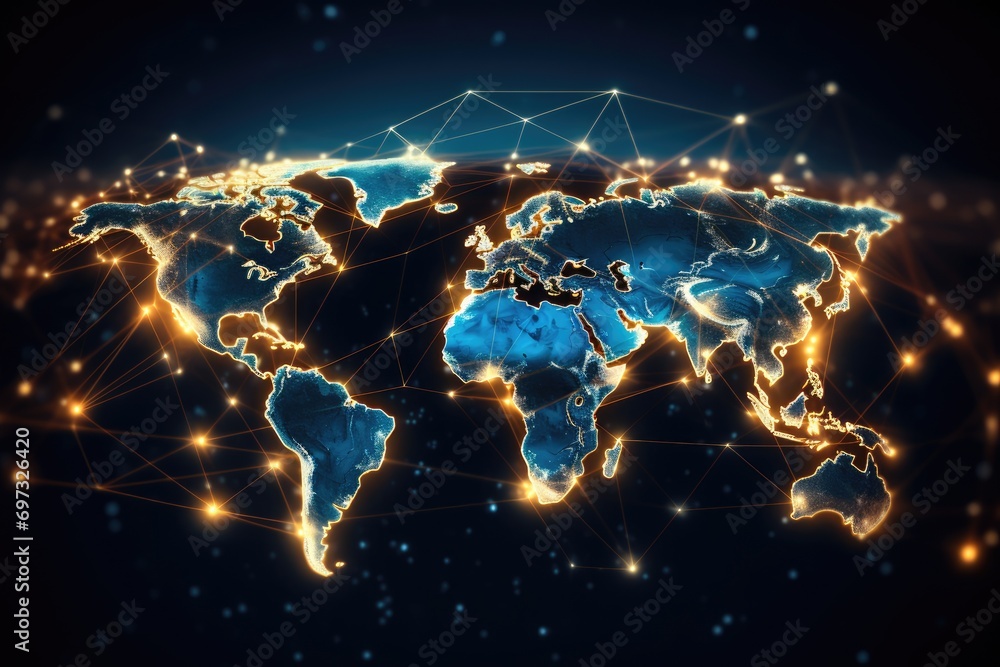 Poster world map with glowing lines and dots. global network concept. 3d rendering, ai generated