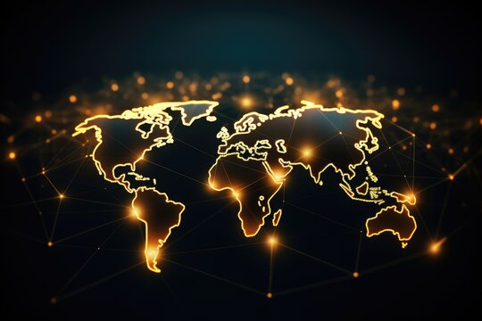 Digital world map on dark background. 3d rendering toned image, AI Generated