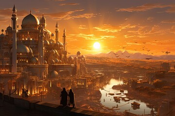 Naklejka premium Business people standing on the bridge over the river and looking at the sunset, AI Generated