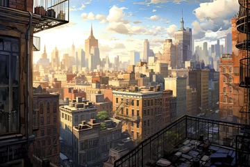 Fotobehang Empire State Building City at sunset. 3D render of a cityscape with buildings, AI Generated