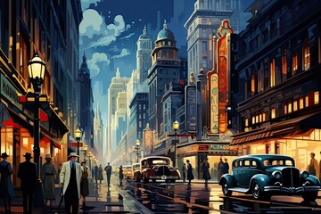 New York City street with vintage cars and people. Vector illustration, AI Generated