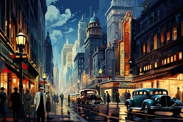 Sierkussen New York City street with vintage cars and people. Vector illustration, AI Generated © Iftikhar alam