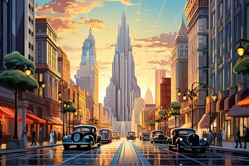 New York City street with skyscrapers and cars. Vector illustration, AI Generated - obrazy, fototapety, plakaty