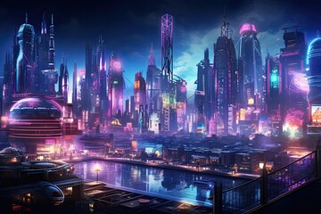 Fototapeta premium Futuristic city at night. 3D illustration. Neon lights, AI Generated