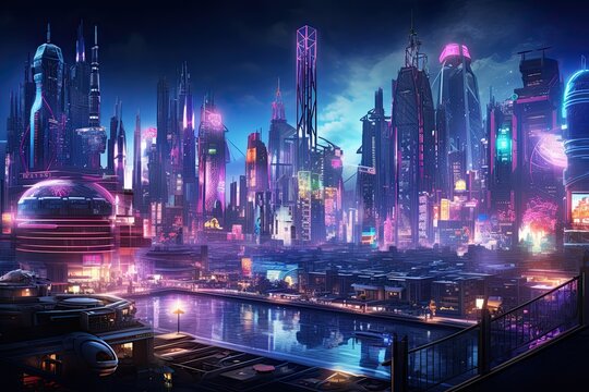 Futuristic city at night. 3D illustration. Neon lights, AI Generated