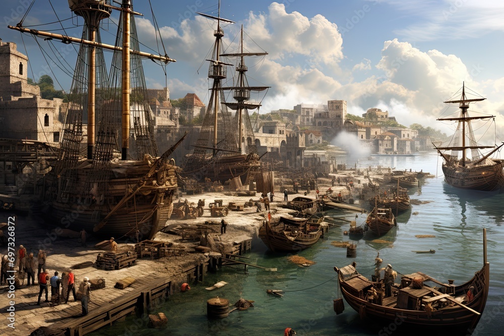 Canvas Prints 3d cg rendering of ancient greece town and old ship, ai generated