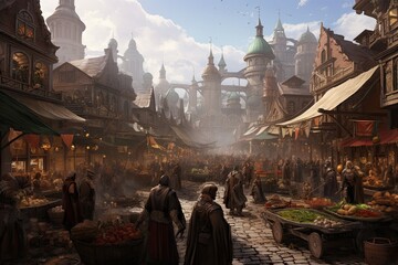 Medieval market in the old town of Lviv, Ukraine, AI Generated - obrazy, fototapety, plakaty