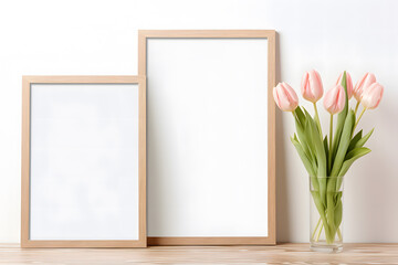 Two wooden empty picture frames next to pink tulip spring flowers in vase in front of white wall. Poster mockup