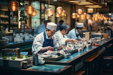 Fototapeta na wymiar Japanese chef preparing sushi in a restaurant. Japanese chef decorating sushi, AI Generated