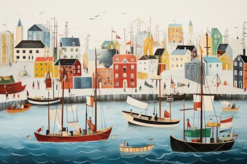 Sailing boats on the water of the city. Hand drawn illustration, AI Generated