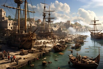 3D CG rendering of ancient greece town and old ship, AI Generated - obrazy, fototapety, plakaty