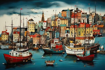 Fishing boats in the harbor of Nyhavn in Copenhagen, Denmark, AI Generated - obrazy, fototapety, plakaty