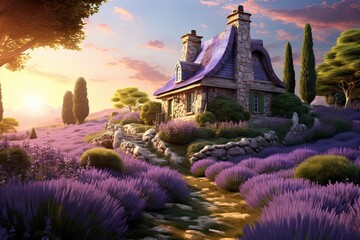 Lavender cottage in the lavender field at sunset. 3d render, AI Generated
