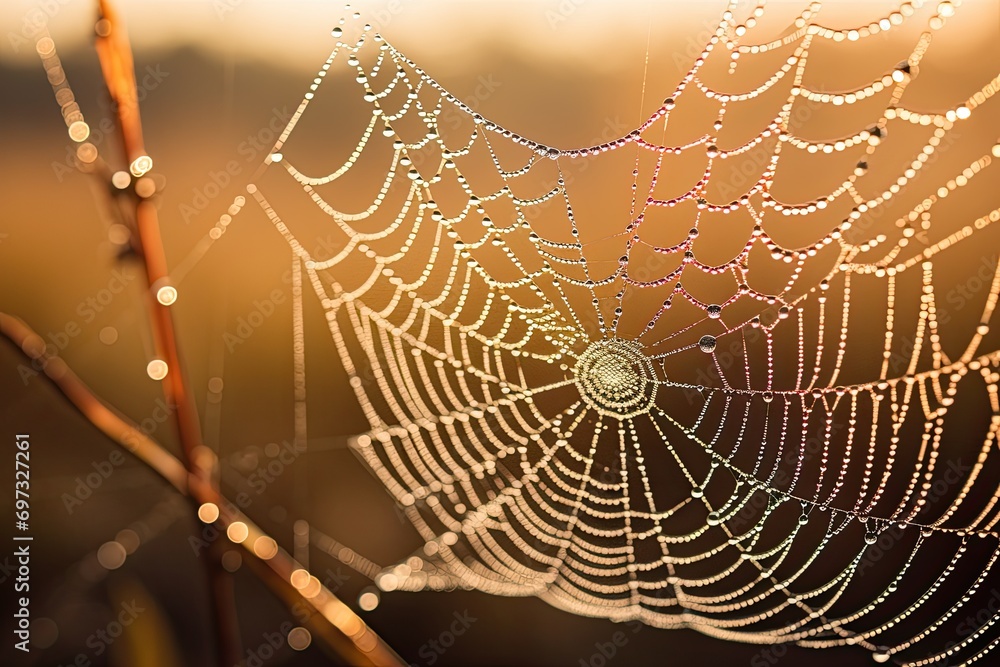 Poster spider web with dew drops in the morning. shallow depth of field, ai generated