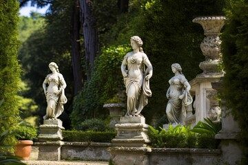 Fototapeta na wymiar Sculptures in the garden of Villa d'Este, Tivoli, Italy, AI Generated