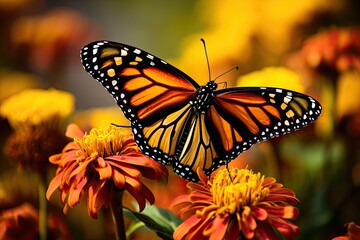 Butterfly on yellow flower in the garden, nature background, AI Generated