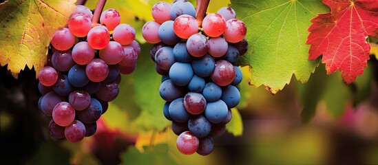 Colorful Pinot Noir grapes on the vine.