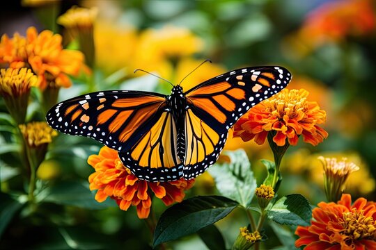 Monarch butterfly Danaus plexippus feeding on a flower, AI Generated