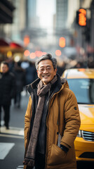 At noon, a middle-aged Chinese person is walking on the street, with a taxi parked next to them. The person is wearing a down jacket and has a calm expression on their face. The street