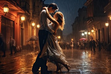 Beautiful couple dancing tango in the rain on the street, AI Generated