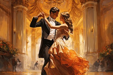 Passionate couple dancing tango in the old palace. Digital painting, AI Generated