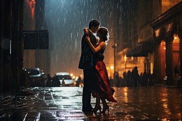 Beautiful couple dancing tango in the rain on a rainy day, AI Generated - obrazy, fototapety, plakaty