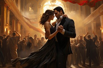 Couple in love dancing tango in a vintage interior. 3d rendering, AI Generated