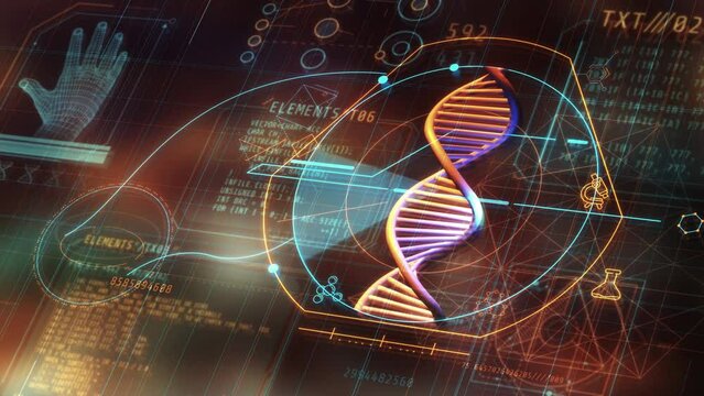 Working with DNA in infographics of digital space.
