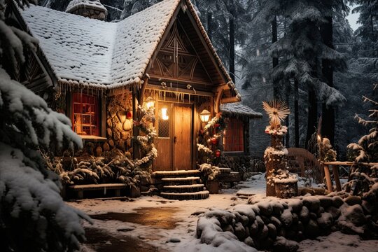 Wooden house in the forest in winter. Christmas and New Year concept, AI Generated