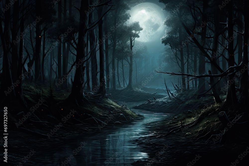 Poster fantasy landscape with a path in the dark forest. 3d rendering, ai generated
