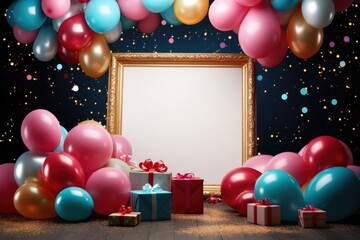 Birthday frame with color balloons with sparkles, blank frame decoration with balloon , Ai generated