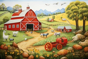 Foto op Plexiglas cartoon scene with farm animals on the field - illustration for children, A cute farm landscape with roly-poly animals and a bright red barn, AI Generated © Iftikhar alam