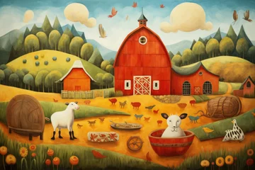 Fototapeten Cartoon farm scene with red barn, sheep and haystacks, A cute farm landscape with roly-poly animals and a bright red barn, AI Generated © Iftikhar alam