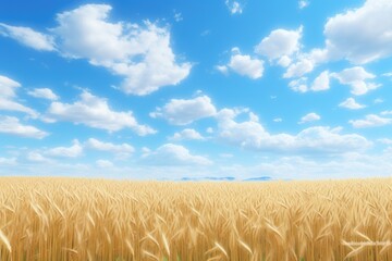 Wheat field and blue sky with clouds. 3D illustration, A dreamy endless wheat field under a baby blue sky with fluffy white clouds, AI Generated