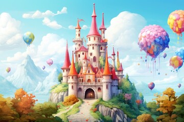 Cartoon castle on the hill with colorful balloons flying around - illustration for children, A fairy tale castle with floating balloons and cute cartoon creatures, AI Generated
