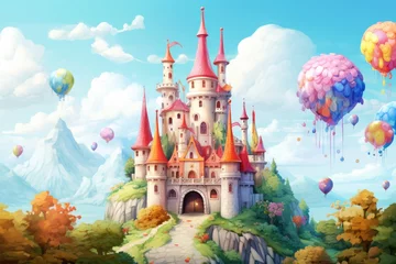 Tuinposter Cartoon castle on the hill with colorful balloons flying around - illustration for children, A fairy tale castle with floating balloons and cute cartoon creatures, AI Generated © Iftikhar alam