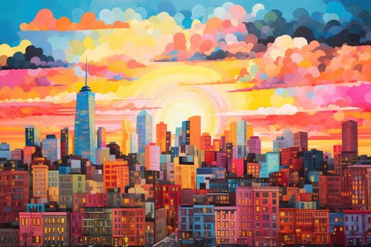 Colorful illustration of New York City skyline at sunset, USA, A cityscape during sunset with all buildings appearing colorful and bright, AI Generated