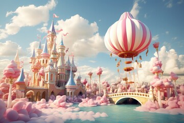 Magic fairy tale castle in the sky. 3D Rendering, A playful carnival with fluffy cotton candy clouds and colorful ferris wheel, AI Generated