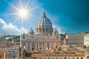 St. Peter's basilica on Saint Peter's square in Vatican at sunrise, center of Rome, Italy (translation 