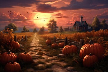 Pumpkin farm at sunset. 3D render. Halloween concept, A pumpkin patch with autumn leaves falling, AI Generated - Powered by Adobe
